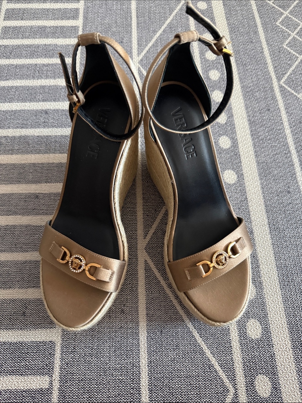 Versace Gold Metallic Wedge Sandals with Black Ankle Straps